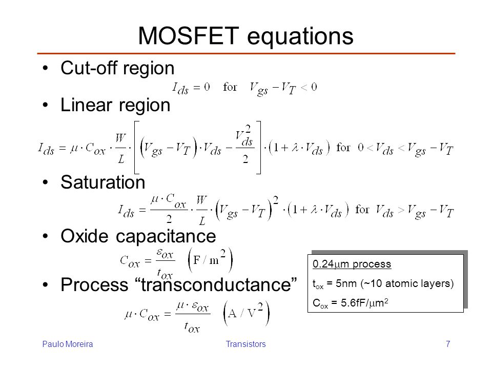 MOSFET Equations: Key Formulas for Cutoff, Linear, and Saturation Regions